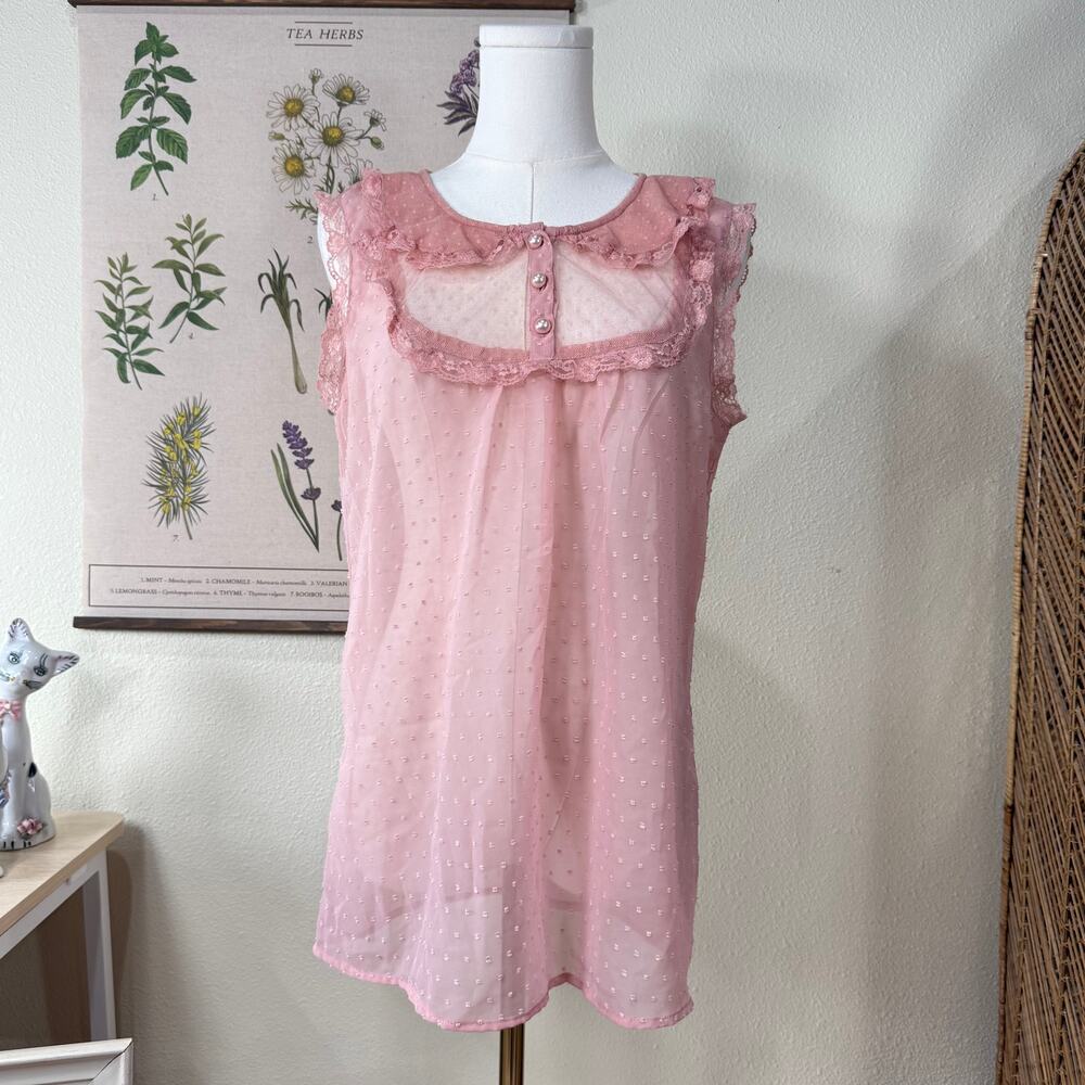 90s Y2k Polka Dot Sheer Mesh Lace Collared Top Himekaji Coquette Dolly Dainty S